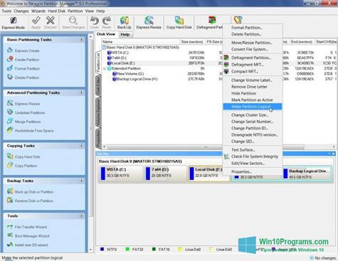 Скриншот программы Paragon Partition Manager для Windows 10