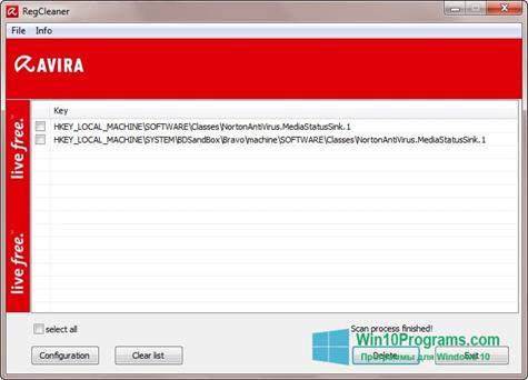 Скриншот программы Avira Registry Cleaner для Windows 10