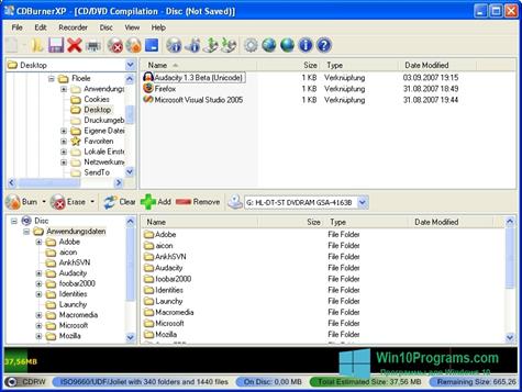 Скриншот программы CDBurnerXP для Windows 10